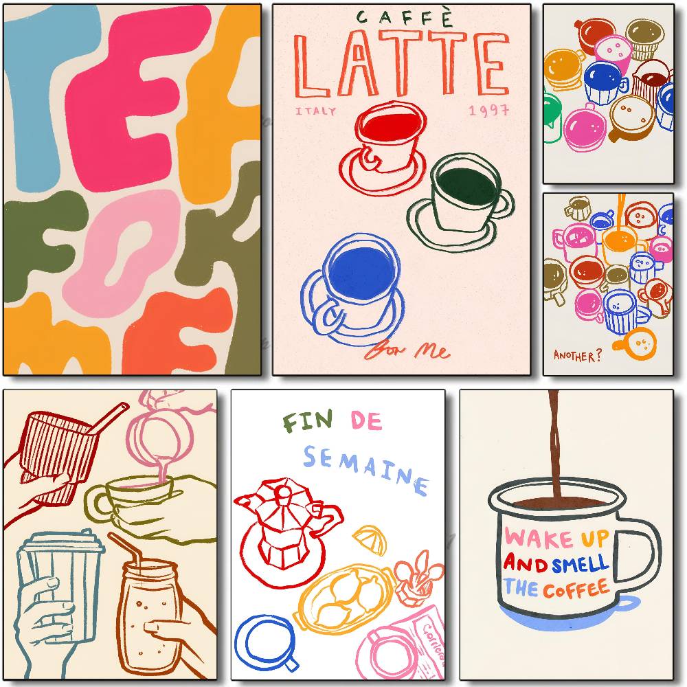 컬러 미학 레트로 주방 커피 라떼 차 포스터 셀프 접착 - Wallpaper Coffee And Tea 리뷰 및 가격